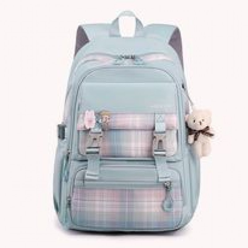 Check Print Senior School Bag With Bear Doll