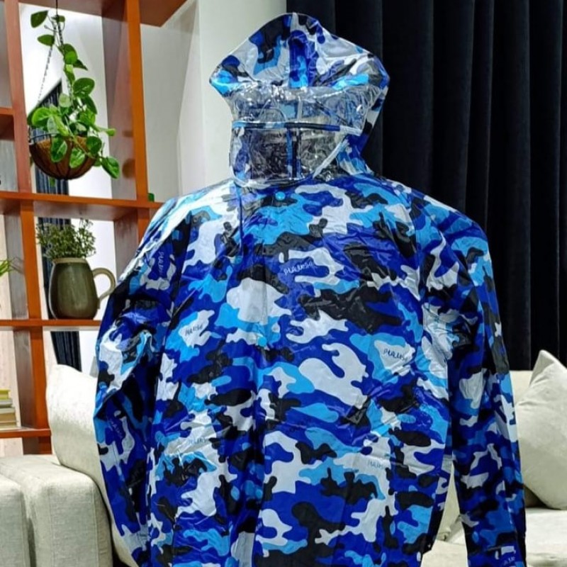 Army Print Raincoat With Head Cap, Button and Zipper