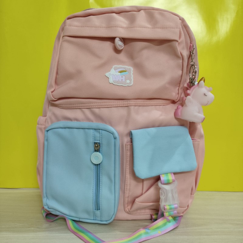 Dual Color Senior School Bag with Unicorn Keychain