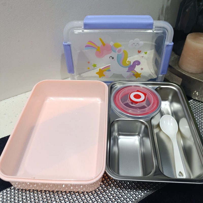 Unicorn 3 Chamber Steel Tiffin Box With Spoon