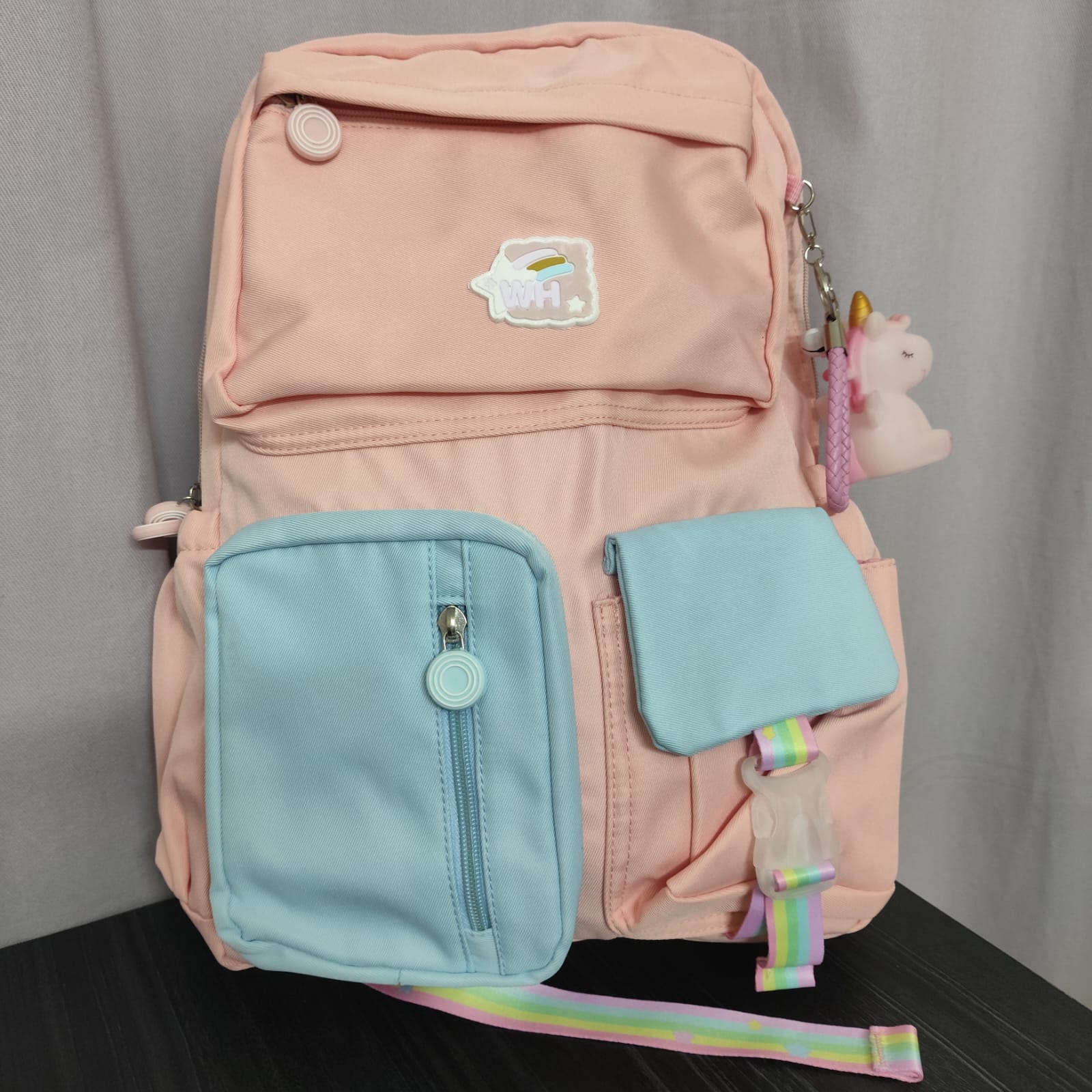 Dual Color Senior School Bag with Unicorn Keychain